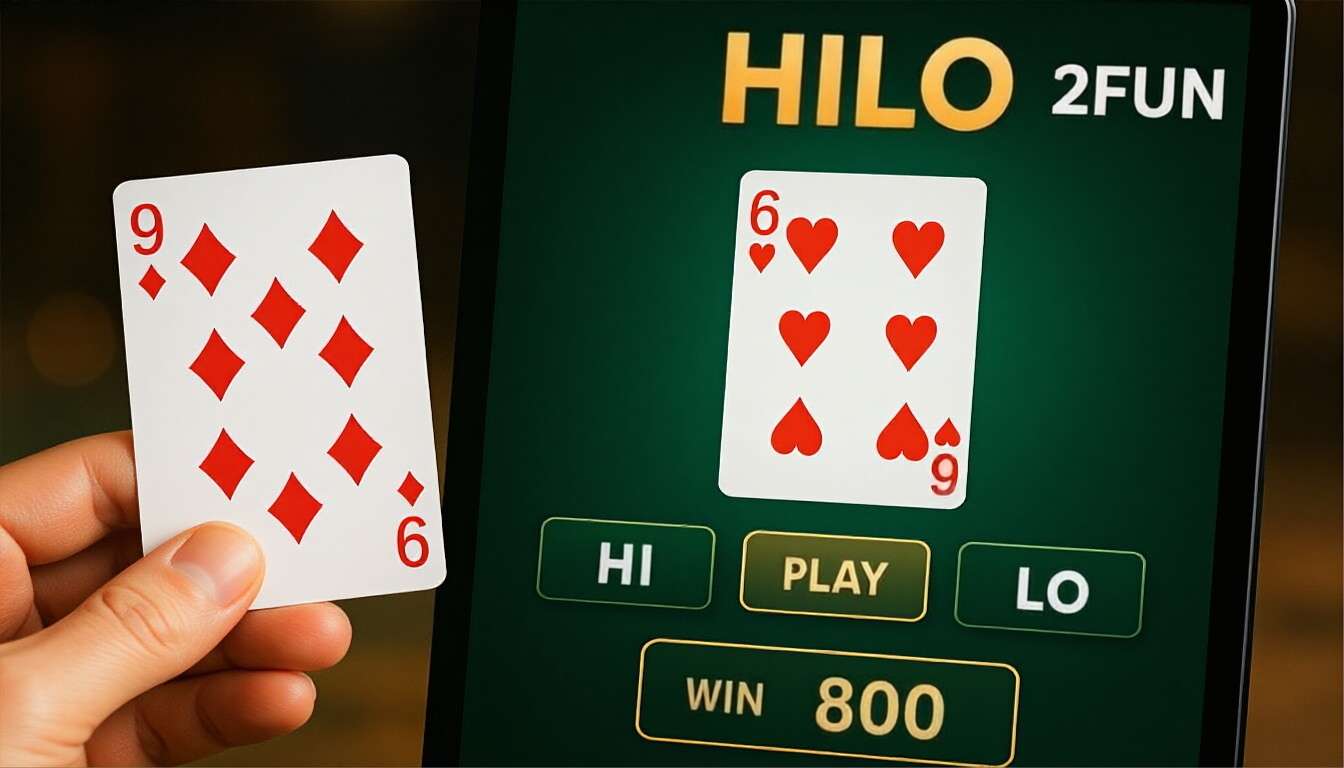 A hand holding the 9 of diamonds card, with a tablet screen in the background displaying the 2FUN HILO game interface, showing the 6 of hearts card along with the “HI,” “LO,” “PLAY” buttons and a winning amount of 800.